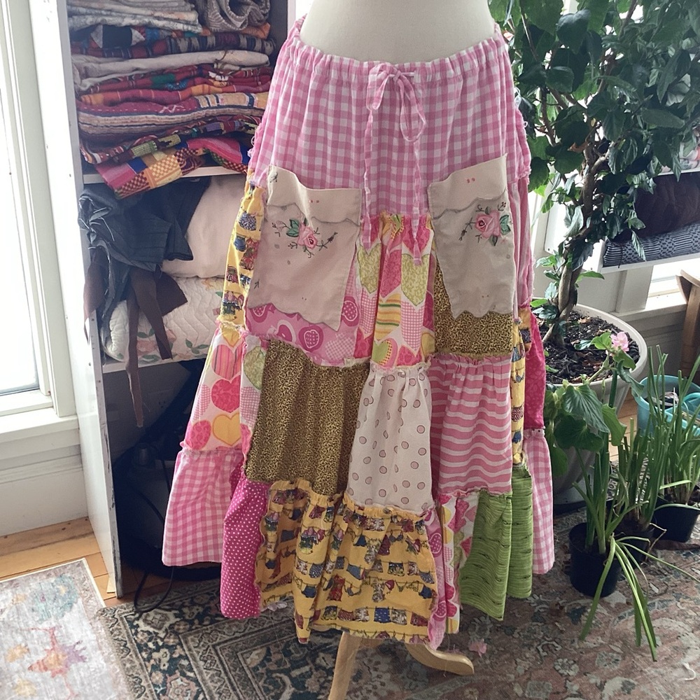 Upcycle Annie Happy Pink Yellow & Roses Patchwork Tiered MaxiSkirt Upto XXL